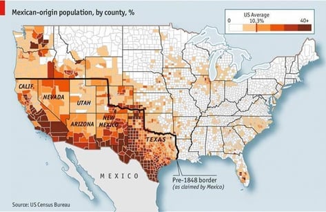 Mexican-origin population, by county, %