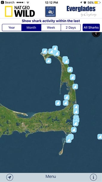 map of the confirmed unique Great White Shark sightings just in the past month